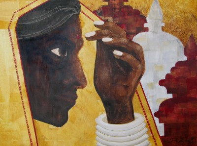 Acrylbild einer Inderin vor stilisierten Tempeln in Erdtönen und mit Gold